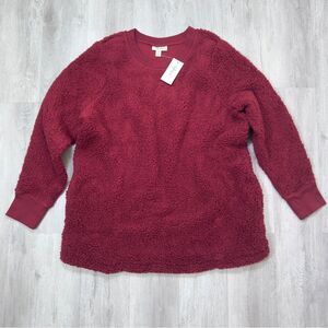 Women's Sherpa Fleece Sweater 1X NWT Dark Wine Red Plush Cozy Warm Pullover